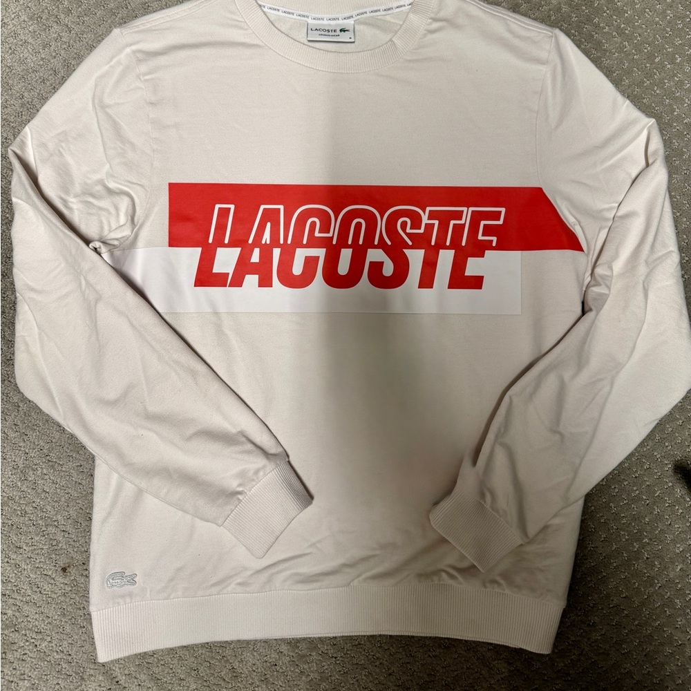 Lacoste Men's Beige and Red Crewneck Sweater